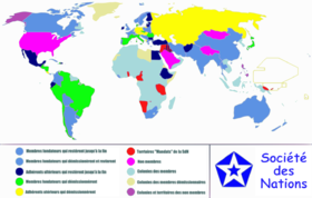 Carte du monde entre 1920 et 1945 montrant la place de la Société des Nations.