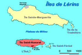 Carte des îles de Lérins avec l'île Saint-Honorat.