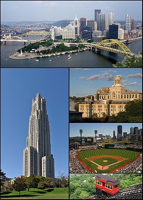 De haut en bas et de gauche à droite : le centre-ville situé à la confluence de l'Allegheny et de la Monongahela, Cathedral of Learning de l'université de Pittsburgh, Université Carnegie Mellon, PNC Park et funiculaire Duquesne.