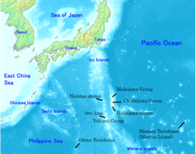 Carte de l'archipel d'Ogasawara (îles légendées en noir).