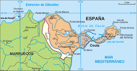 Carte montrant le nord du Maroc et l'enclave espagnole de Ceuta, incluant l'îlot Persil (en haut à gauche)