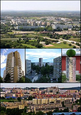 De haut en bas et de gauche à droite : Planoise depuis Rosemont, la tour de Planoise, les Époisses, la statue de la diversité et vue du quartier depuis la colline de Planoise.
