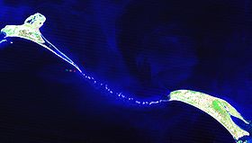 Image satellite du pont d'Adam entre l'île indienne de Pamban (à gauche) et l'île sri lankaise de Mannar (à droite).