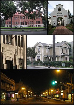 De haut en bas et de gauche à droite : Old Orange County Courthouse, Musée Bowers, Ancien Hôtel de Ville, Minter House et la Rue Braodway.