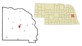 Saunders County Nebraska Incorporated and Unincorporated areas Wahoo Highlighted.svg