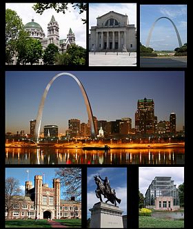 De haut en bas et de gauche à droite : Cathédrale Saint-Louis, Musée d'art de Saint-Louis, l'arche du Jefferson National Expansion Memorial, Université Washington, statue de Saint-Louis et Forest Park.