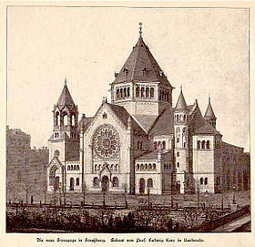 Die Neue Synagoge in Straßburg. Erbaut von Prof. Ludwig Levy in Karlsruhe.La nouvelle synagogue de Strasbourg.Construction du Prof. Ludwig Levy de Karlsruhe. Gravure de 1896.