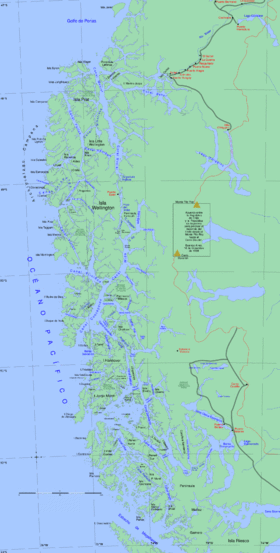 La côte sud du Chili et l'archipel de Patagonie. L'île Madre de Dios se trouve au centre, juste au-dessous du 50e parallèle sud.