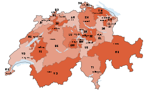 carte de la suisse divisées en cantons, elle permet de visualiser les variations de tailles importantes entre les cantons, la moitié du territoire étant couverte par quatre cantons, Berne, Grisons, Valais et Vaud