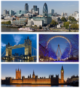 Haut : Cité de Londres. Milieu gauche : Tower Bridge. Milieu droit : Millennium Wheel. Bas : Palais de Westminster.