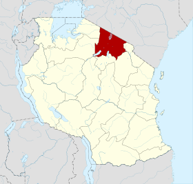 Localisation de la région d'Arusha (en rouge) à l'intérieur de la Tanzanie