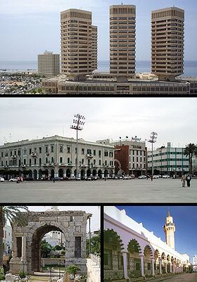 Haut : Tours That El Emad,Milieu : Place des Martyrs,Bas gauche : Arc de Marc Aurèle, Bas droite : Médina de Tripoli.