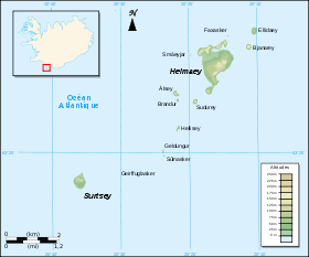 Carte des îles Vestmann avec les Smáeyjar à l'ouest de Heimaey.