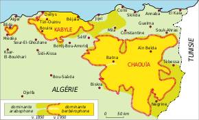 Carte de la répartition des aires linguistiques du nord-est algérien.