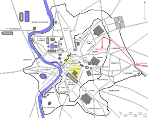 Plan de Rome avec l'Aqua Anio Vetus en rouge