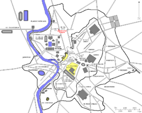 Localisation de l'Autel de la Paix d'Auguste dans la Rome Antique (en rouge)