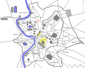 Localisation des Arcs de Claude dans la Rome Antique (en rouge)