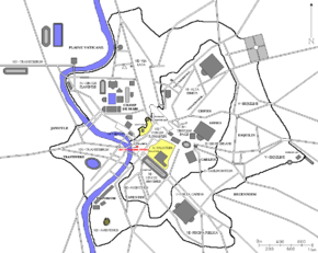 Localisation de l'Arc de Septime Sévère dans la Rome Antique (en rouge)