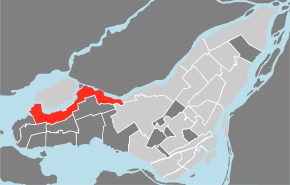 Localisation de Pierrefonds-Roxboro dans Montréal.Logo de l'arrondissement.