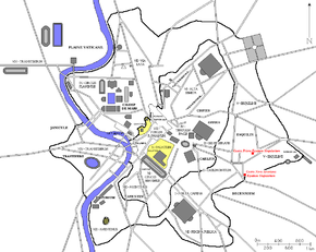 Localisation des Casernes de la Garde des Equites Singulares dans la Rome antique (en rouge)