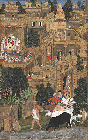 Krishna dans son palais de Dwarka(Miniature moghole illustrant le Harivamsa - v. 1600)