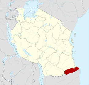 Localisation de la région de Mtwara (en rouge) à l'intérieur de la Tanzanie