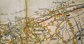 Tracé de la ligne Dunkerque-Locale - Bray-Dunes sur une carte datant des années 1920.