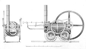  Dessin de 1803 différent de lalocomotive de Pen-y-Darren par son foyerdangereusement placé côté piston.