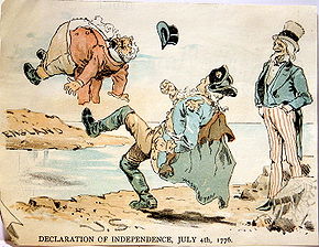 Caricature de 1890 où l'Oncle Sam regarde un jeune George Washington portant un chapeau en tricorne donner un coup de pied à John Bull pour lui faire traverser l'océan.