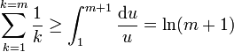 \sum_{k=1}^{k=m}\frac1{k}\ge \int_1^{m+1} \frac{\mathrm{d}u}{u}= \ln (m+1)