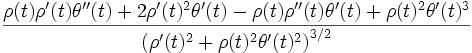 \frac{\rho(t)\rho'(t)\theta''(t) + 2\rho'(t) ^2 \theta'(t) - \rho(t) \rho''(t) \theta'(t) + \rho(t)^2\theta'(t)^3}{\left( \rho'(t)^2+  \rho(t)^2\theta'(t)^2\right)^{3/2}}