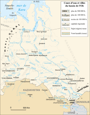 Carte des principaux cours d'eau du bassin de l'Ob, y compris la Toura et la Tobol.
