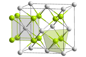 Structure cristalline du sulfure de Sodiumavec en jaune les atomes de sodium et en blanc les atomes de soufre