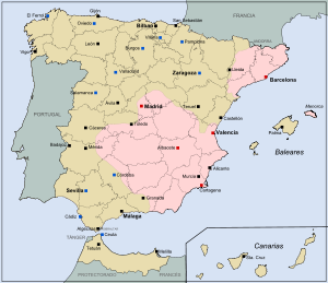 Carte de l'Espagne en mai 1938, à la fin de l'offensive d'Aragon. En rose : zone républicaine. En vert : zone nationaliste.