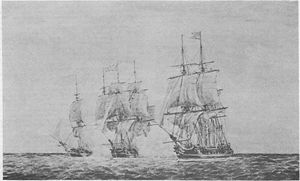 The Hancock and Boston overtake the British cruiser Fox.