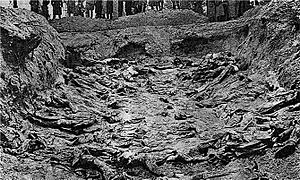 La photographie en noir et blanc date de 1943. Elle montre une fosse excavée au fond de laquelle des corps sont alignés. En haut de la photo, les bottes et manteaux des Allemands, découvreurs du charnier, apparaissent.