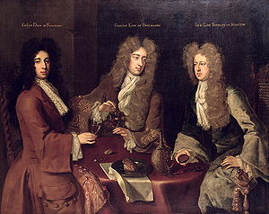 Lord Berkeley (à droite), en compagnie de Evelyn Pierrepont, 1er Duc de Kingston-upon-Hull et Charles Boyle, 2ème comte de Burlington dans un portrait par Godfrey Kneller.