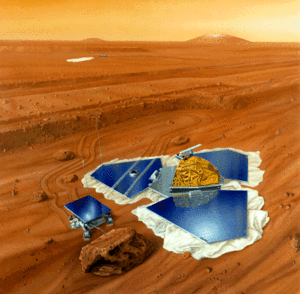 Vue d'artiste : la mission Mars Pathfinder sur le sol martien