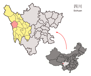 Localisation du xian de Baiyü (en rose) dans la préfecture de Garzê (en jaune)