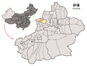 Localisation de la ville de Bole dans sa juridiction (en rose) et la préfecture de Börtala (en jaune)