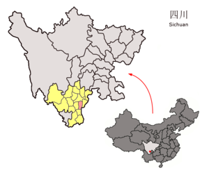 Localisation du xian de Butuo (en rose) dans la préfecture de Liangshan (en jaune)
