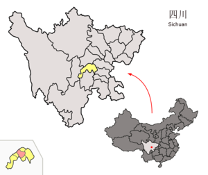 Localisation du district de Dongpo (en rose) dans la préfecture de Meishan (en jaune)
