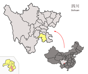 Localisation du xian de Gong (en rose) dans la préfecture de Yibin (en jaune)