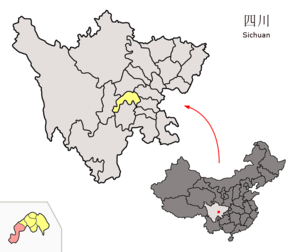 Localisation du xian de Hongya (en rose) dans la préfecture de Meishan (en jaune)