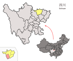 Localisation du xian de Jiange (en rose) dans la préfecture de Guangyuan (en jaune)