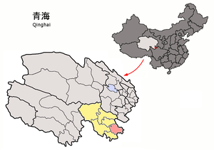 Localisation du xian de Jigzhi (en rose) dans la préfecture de Golog (en jaune)