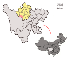 Localisation du xian de Jinchuan (en rose) dans la préfecture d'Aba (en jaune)