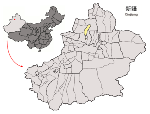 Localisation de la ville de Karamay dans la préfecture de Karamay (en jaune)