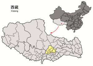 Localisation de la ville de Lhassa dans la préfecture de Lhassa (en jaune)