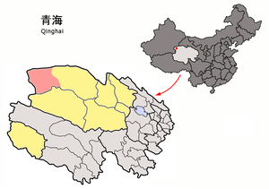 Localisation de la ville de Mangya dans le comité administratif de Mangya (en rose) et la préfecture de Haixi (en jaune)